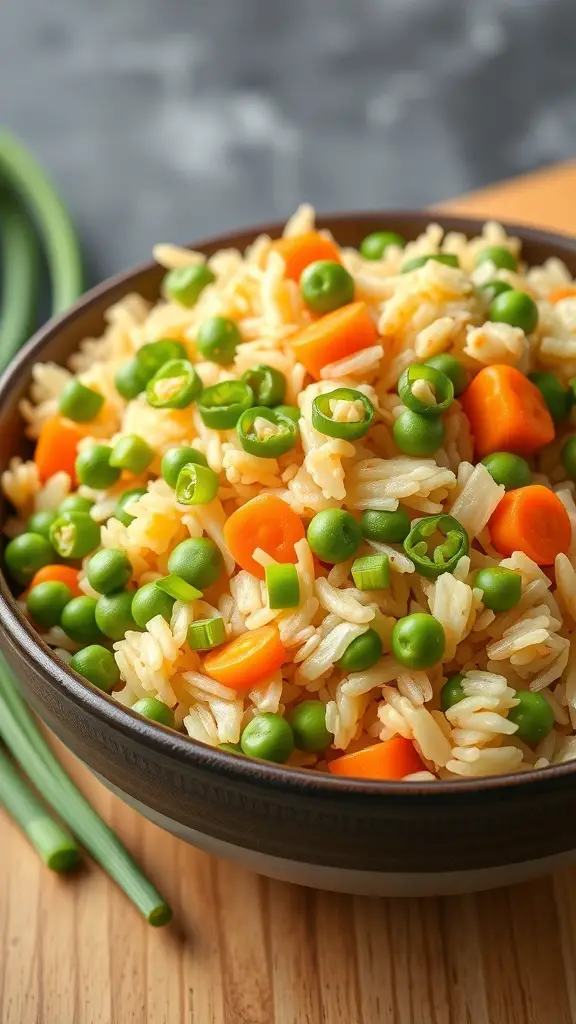 A bowl of colorful egg fried rice with peas and carrots.