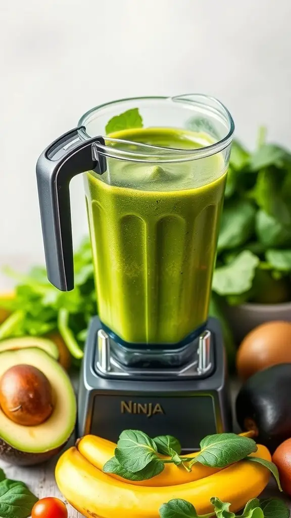 A Ninja blender filled with a creamy green smoothie, surrounded by fresh ingredients like avocados and bananas.