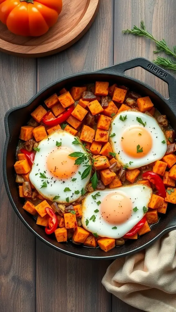A skillet of baked sweet potato hash with eggs, peppers, and herbs