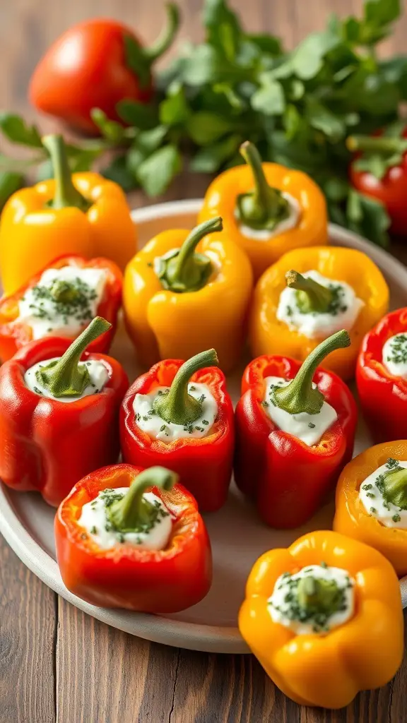 Colorful mini bell peppers stuffed with herbed cream cheese on a plate.