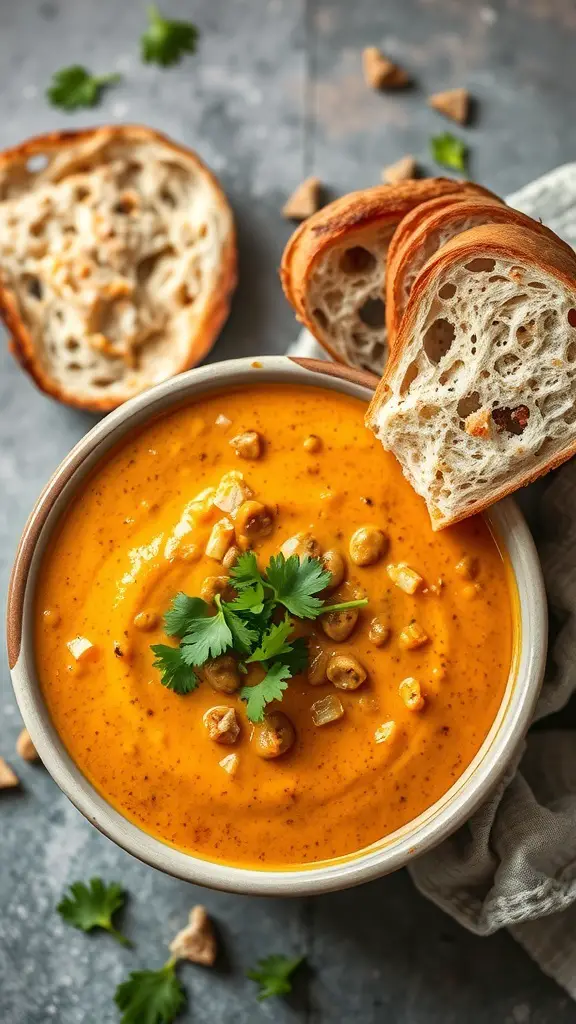 A bowl of Coconut Curry Lentil Soup garnished with cilantro, accompanied by slices of crusty bread.