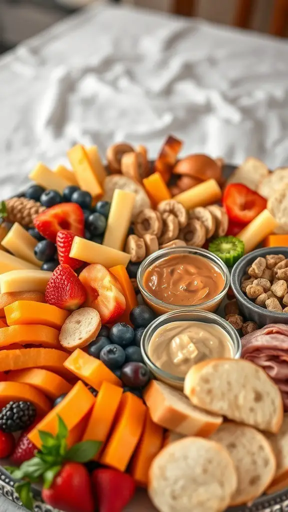 A colorful platter with assorted fruits, cheeses, and dips for a fondue party.