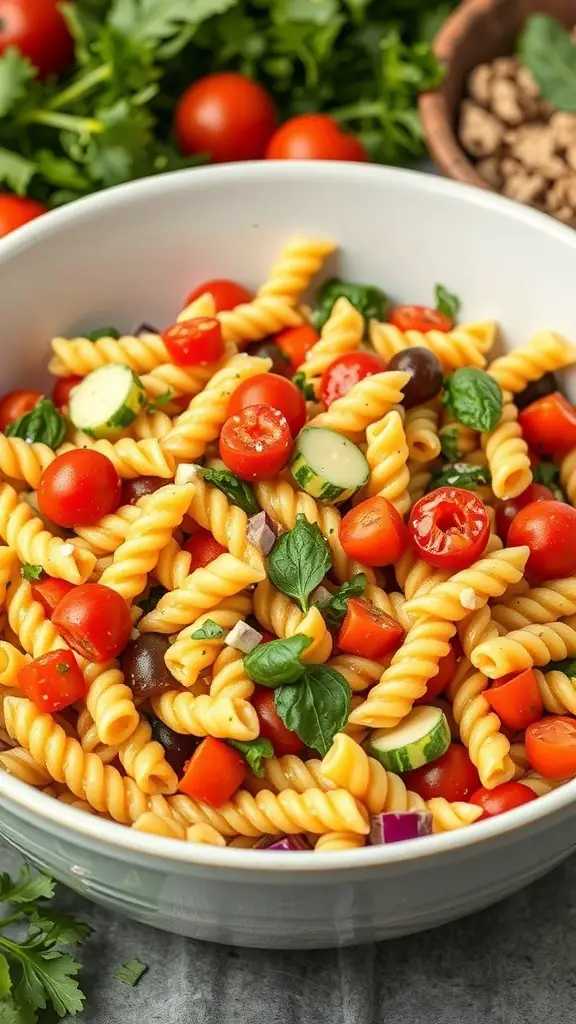 A bowl of colorful pasta salad with cherry tomatoes, cucumbers, and herbs.