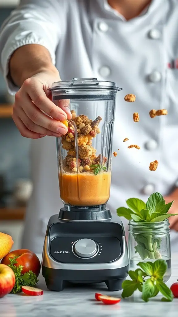 A blender filled with ingredients for a smoothie, with a person adding toppings.
