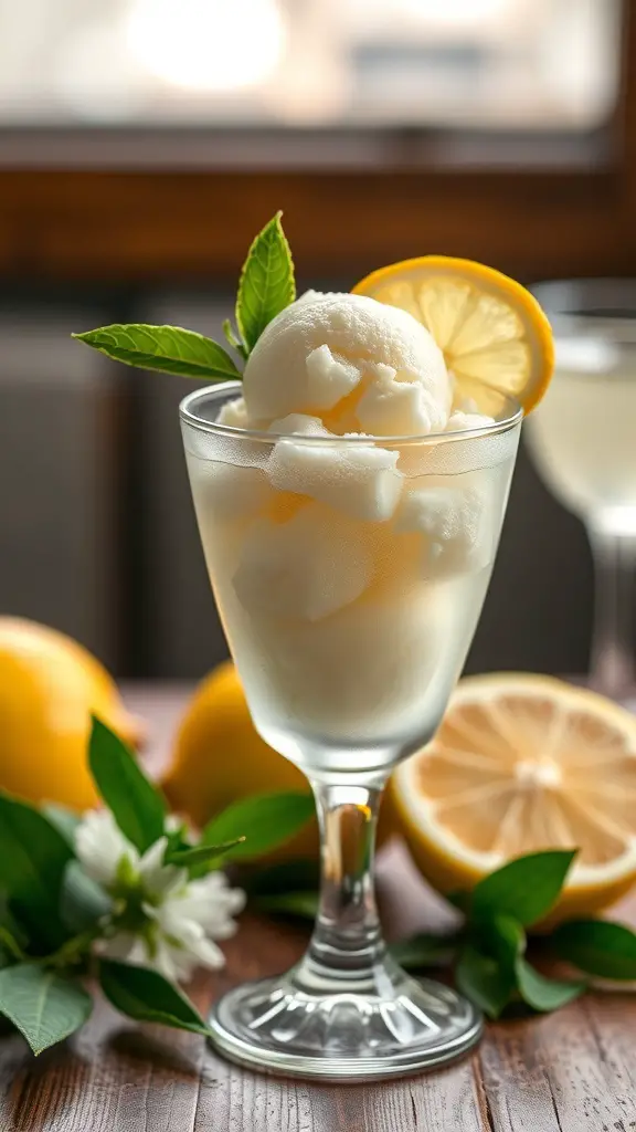 A glass of lemon sorbet topped with a lemon slice and mint leaves, surrounded by fresh lemons.