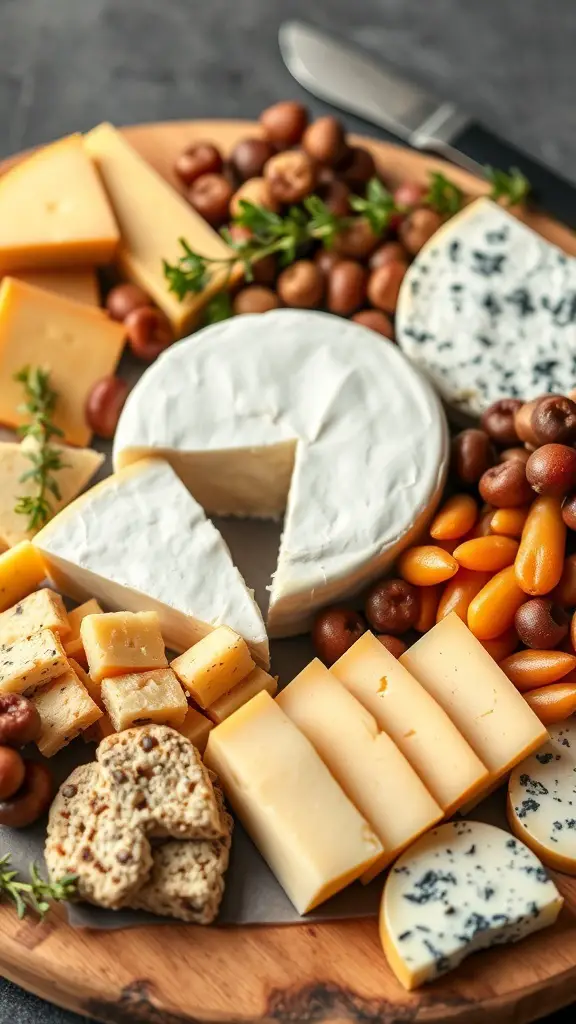 A variety of cheeses arranged on a wooden charcuterie board, including brie, gouda, cheddar, and blue cheese, accompanied by nuts and crackers.