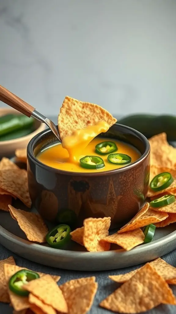 A bowl of spicy jalapeño cheese fondue with tortilla chips and jalapeño slices.