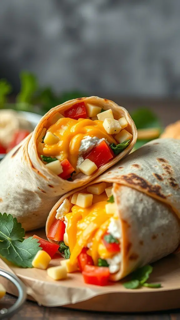 Two savory breakfast burritos filled with cheese, diced vegetables, and herbs, resting on a wooden board.