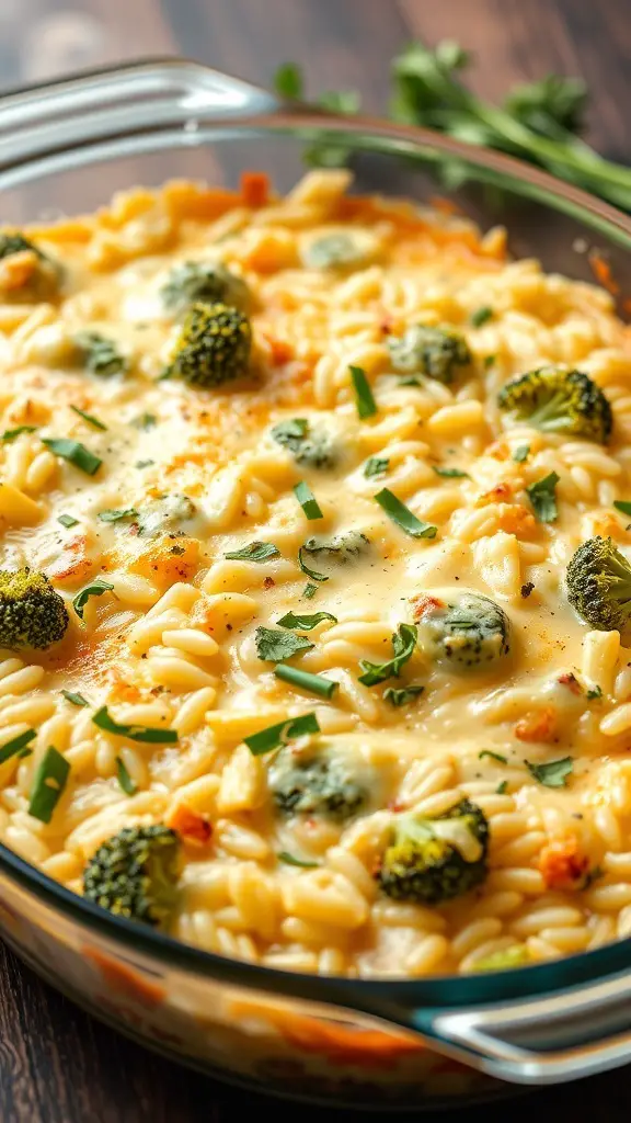 A close-up of a cheesy broccoli and rice casserole with broccoli florets and melted cheese on top.