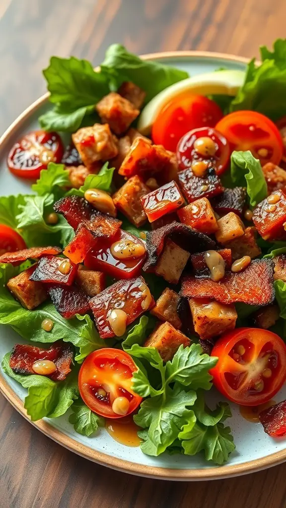 A plate of Smoky Bacon and Tomato Salad featuring crispy bacon, fresh tomatoes, and leafy greens.