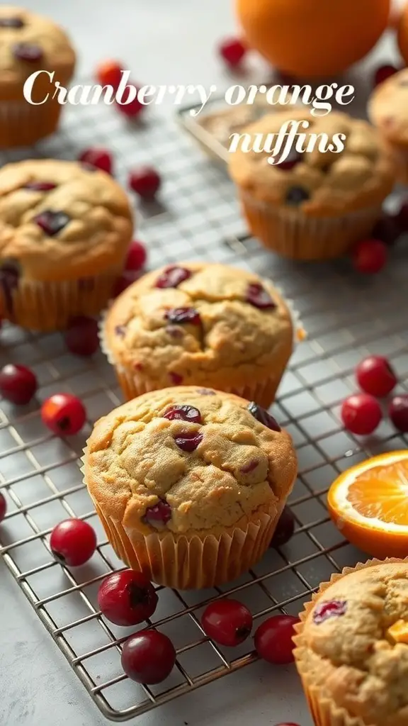 Freshly baked cranberry orange muffins on a cooling rack with cranberries and an orange in the background.