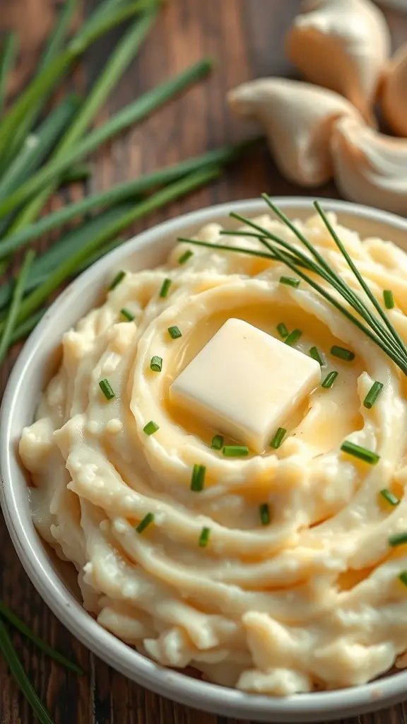 A bowl of creamy roasted garlic mashed potatoes topped with butter and chives.
