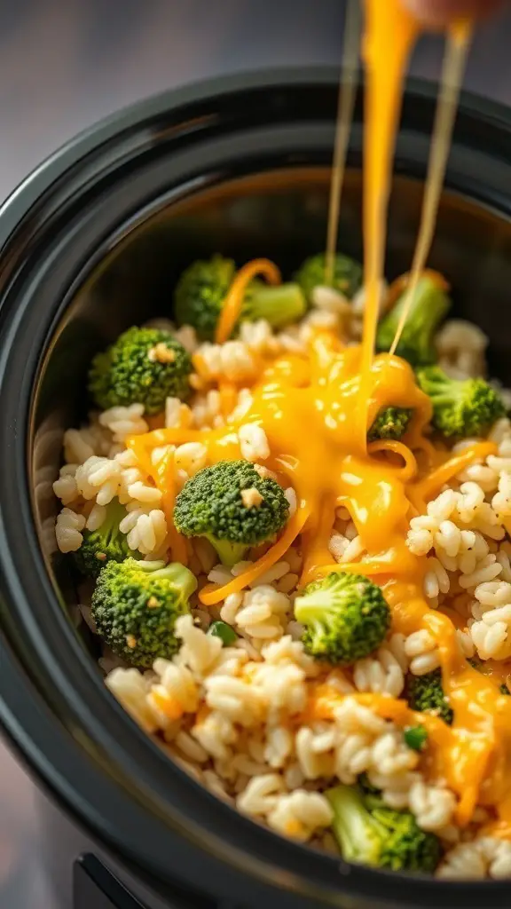 A mini crockpot filled with broccoli and rice topped with melted cheese.