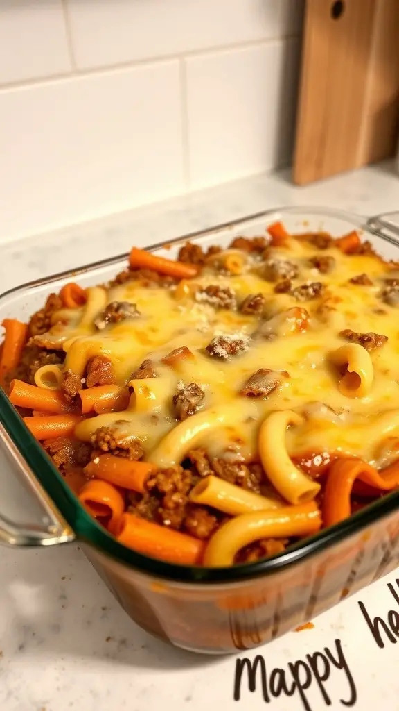 A glass baking dish filled with beef and noodle casserole topped with melted cheese.