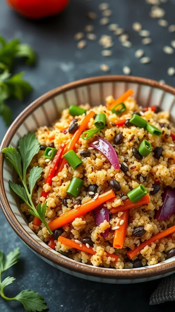 A bowl of quinoa and veggie stir-fry with colorful vegetables.