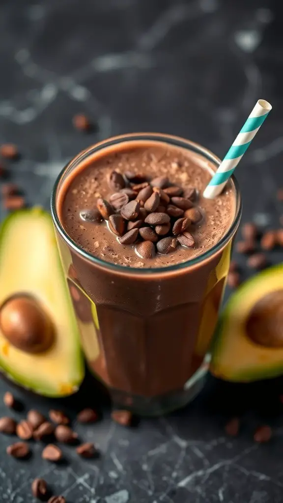 A glass of chocolate avocado smoothie topped with coffee beans, with avocado halves and coffee beans scattered around.