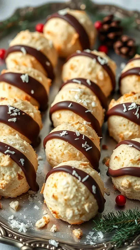 A close-up of chocolate-dipped coconut macaroons arranged on a decorative platter.