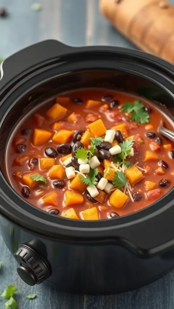 A slow cooker filled with Sweet Potato and Black Bean Chili, garnished with cilantro.