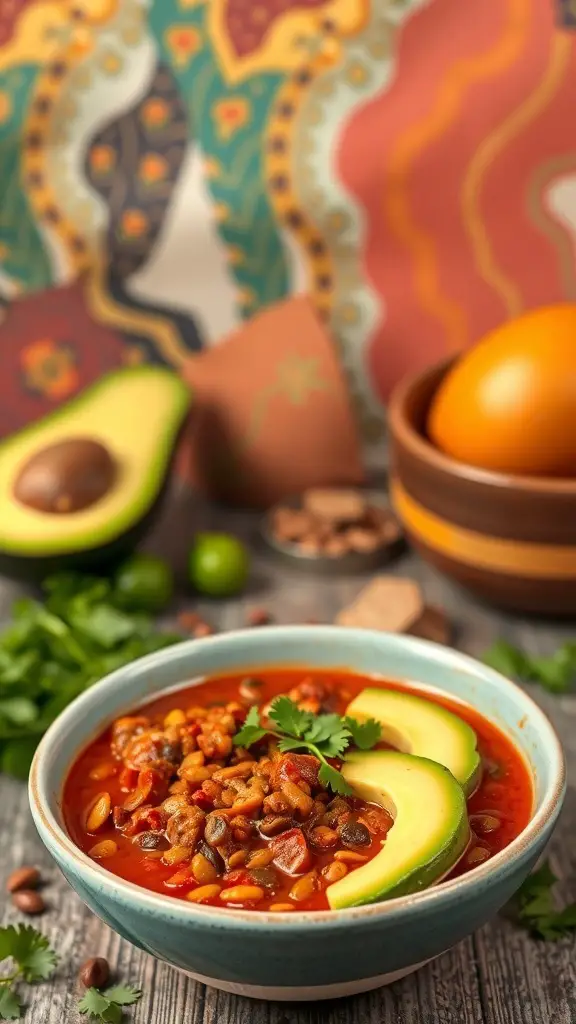 A bowl of spicy lentil chili topped with avocado slices, surrounded by fresh ingredients.