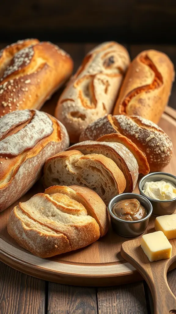 A display of various artisan breads on a wooden platter with spreads
