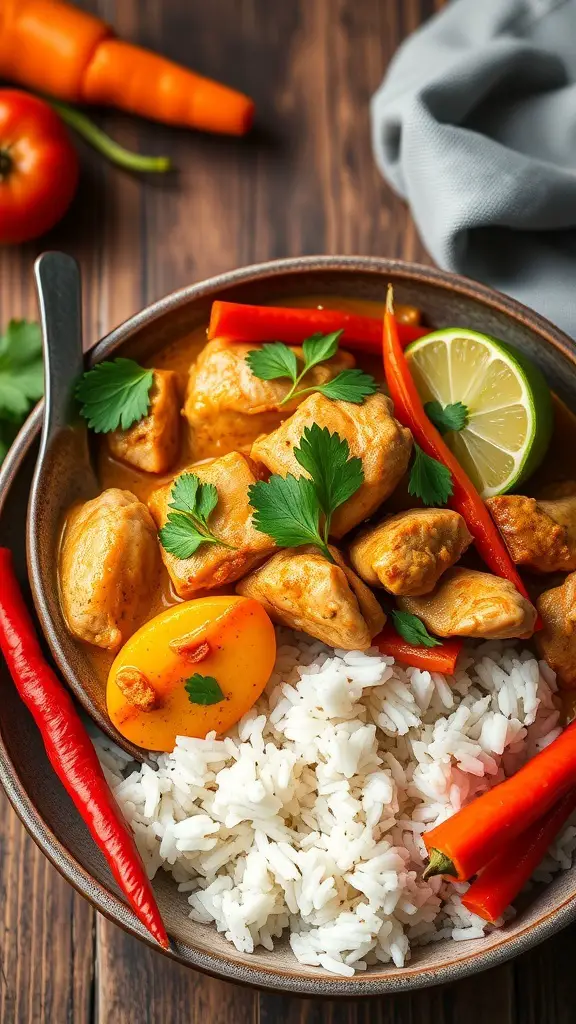 A bowl of coconut curry chicken with rice, garnished with fresh herbs and red chilies.
