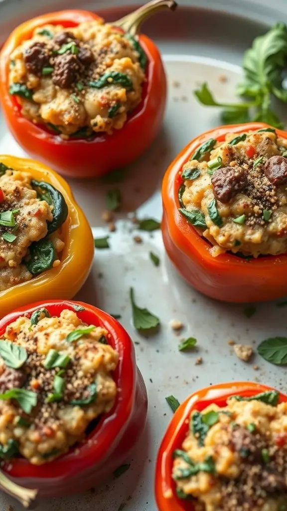 Colorful stuffed peppers filled with eggplant and spinach on a plate.