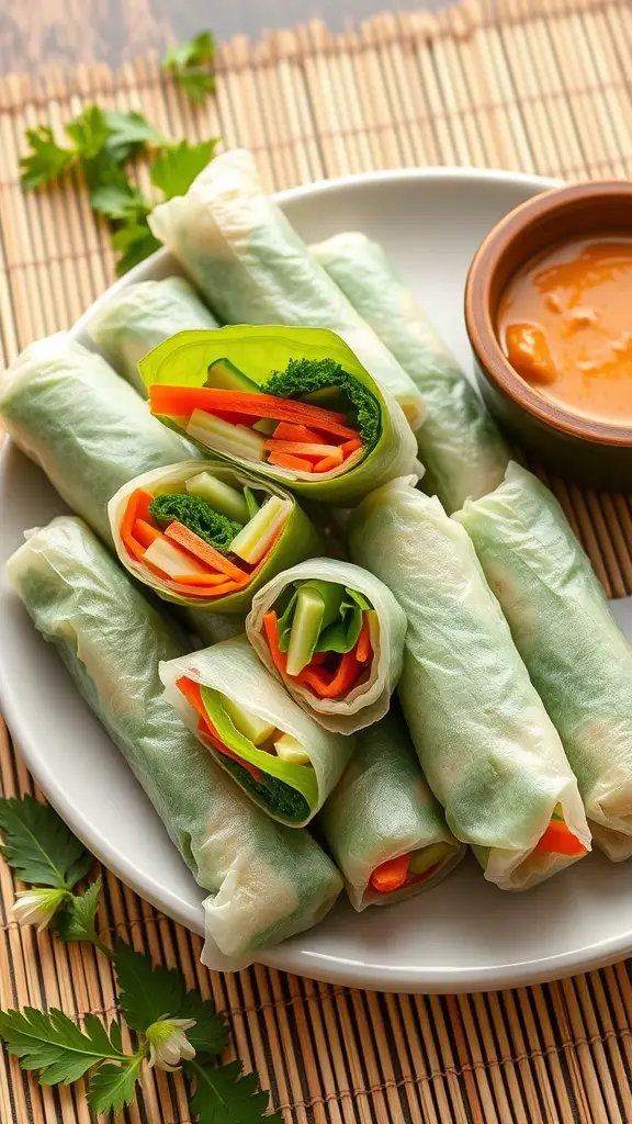 A plate of fresh vegetable spring rolls with a peanut dipping sauce