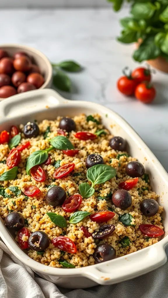 A Mediterranean quinoa and spinach bake with cherry tomatoes and olives in a casserole dish.