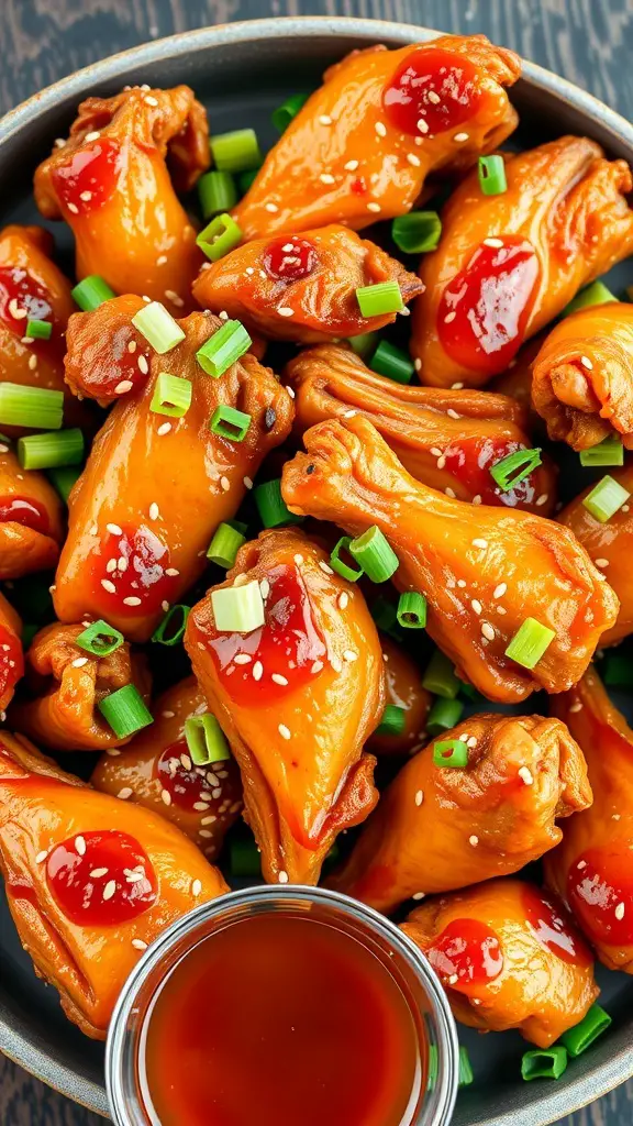 A bowl of honey garlic chicken wings garnished with green onions and sesame seeds.
