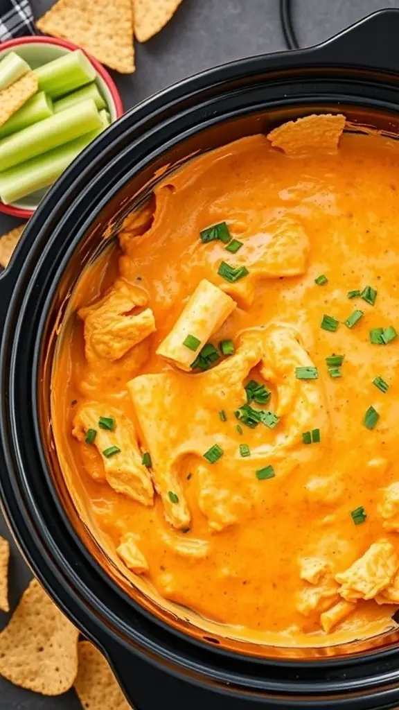 A bowl of spicy buffalo chicken dip surrounded by tortilla chips and celery sticks.
