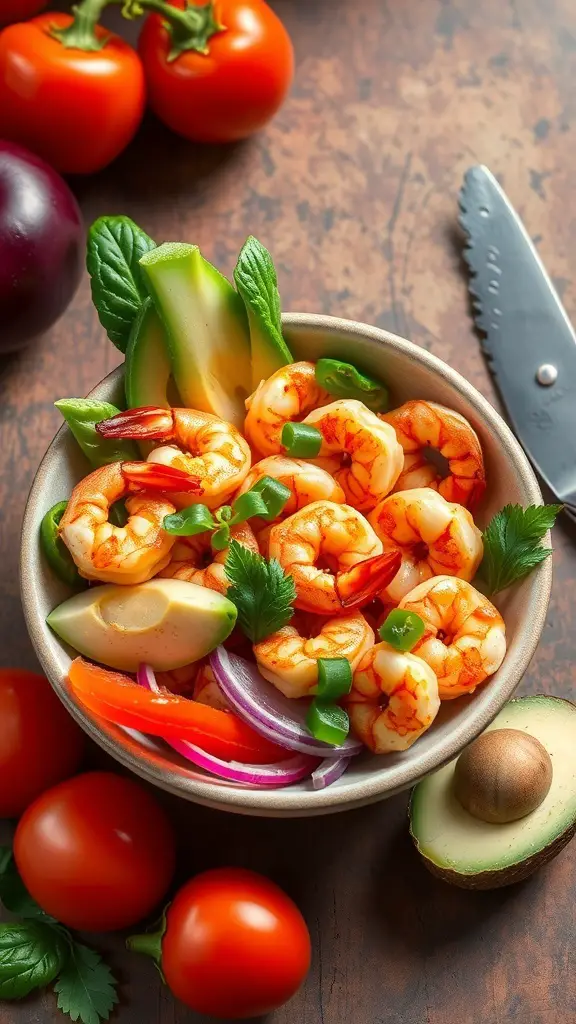 A bowl of spicy shrimp with avocado and colorful vegetables on a wooden surface.