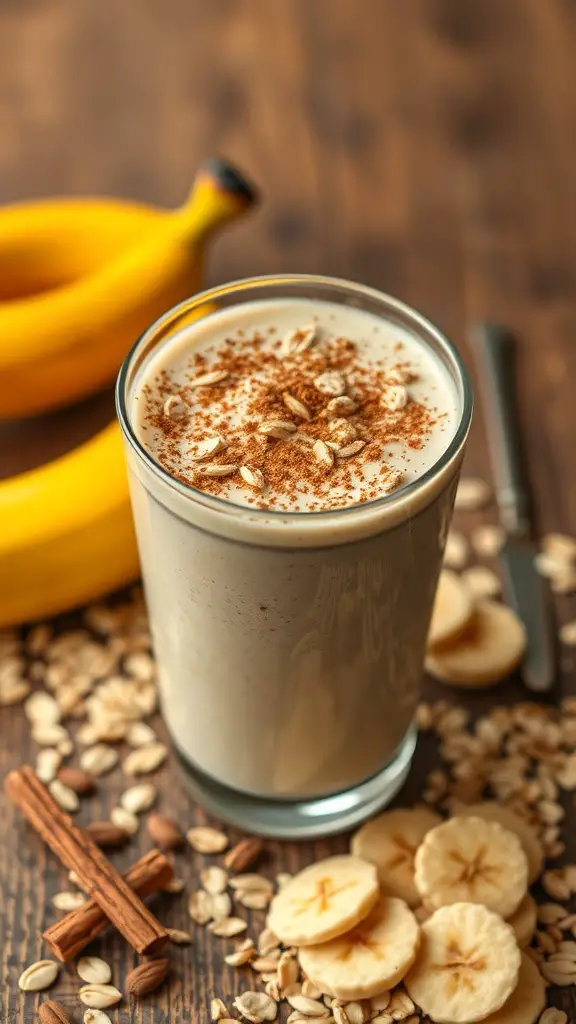 A glass of oatmeal smoothie topped with oats and cinnamon, surrounded by bananas and sliced dried bananas.