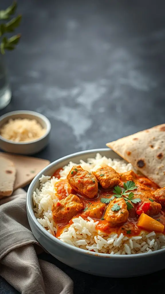 A bowl of Chicken Tikka Masala served with basmati rice and naan.