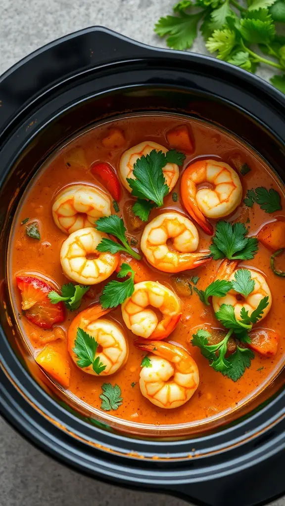 A bowl of creamy coconut curry with shrimp, garnished with fresh cilantro and colorful bell peppers.