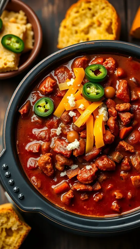 A bowl of spicy chili con carne topped with jalapeños and cheese, served with cornbread.