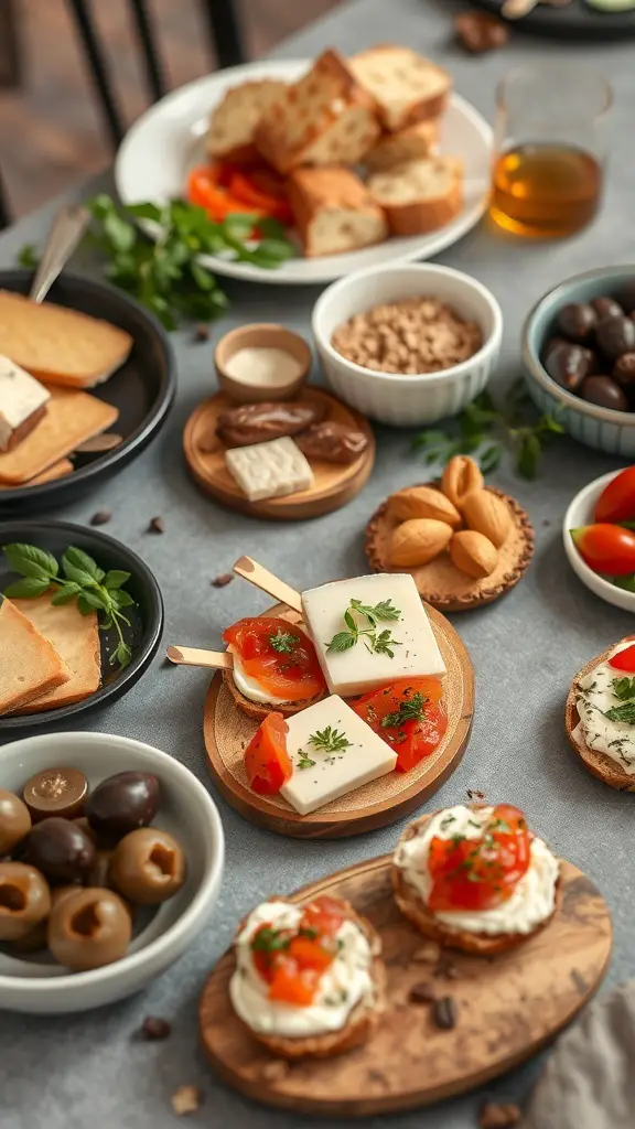 A variety of easy-to-make appetizers including cheese, tomatoes, olives, nuts, and bread.