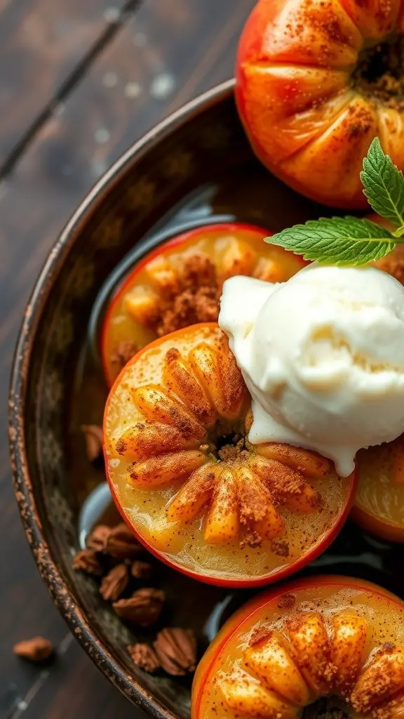 Baked apples with cinnamon and a scoop of ice cream on top