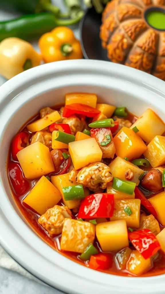 A bowl of sweet and sour chicken with colorful bell peppers and pineapple chunks
