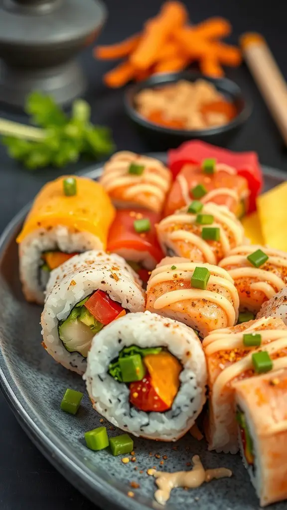 A plate of colorful vegan sushi rolls with various vegetables and garnishes.