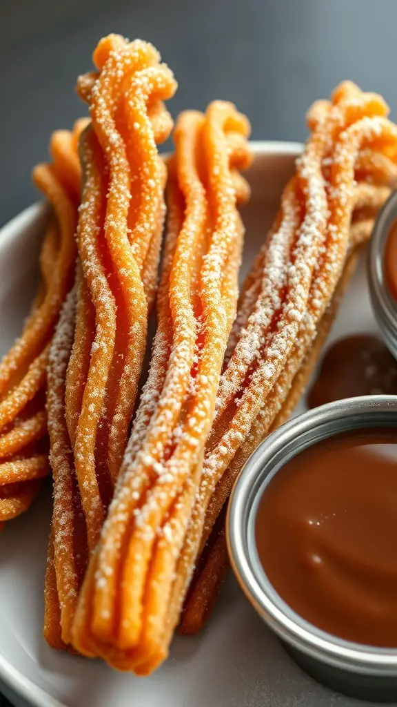 A plate of churros dusted with powdered sugar, served with chocolate sauce.