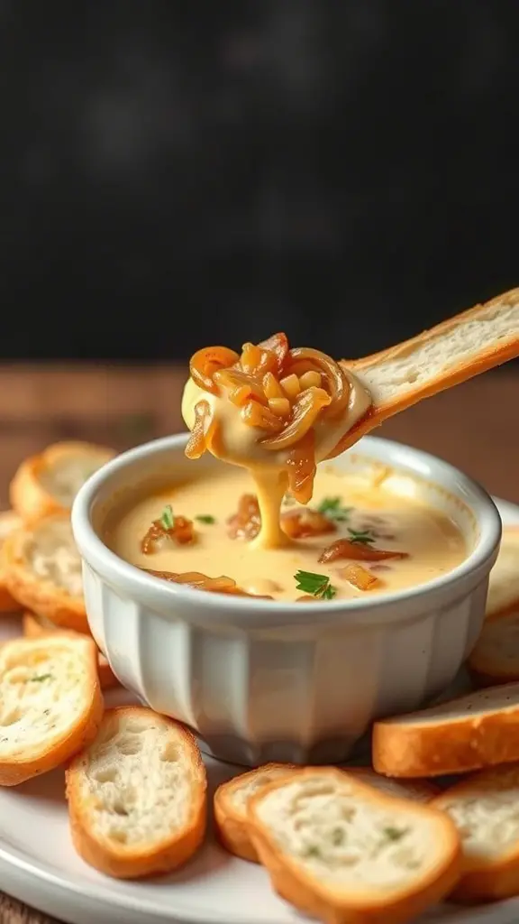 A bowl of caramelized onion and Gruyère fondue with breadsticks for dipping.