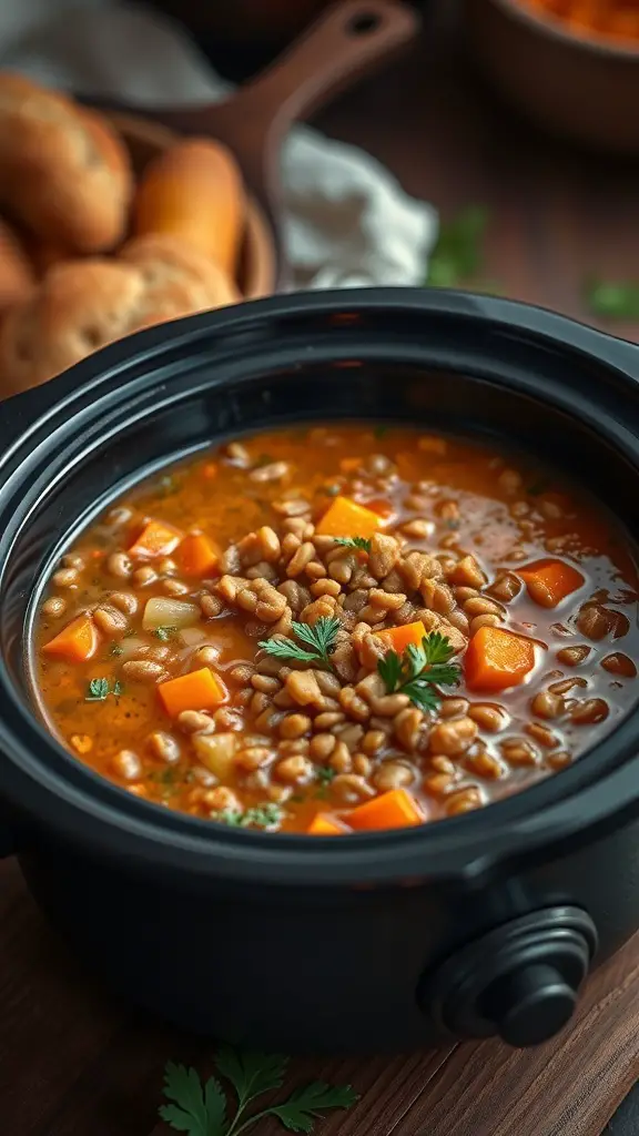 A bowl of curried lentil soup with sweet potatoes and lentils, garnished with fresh herbs.