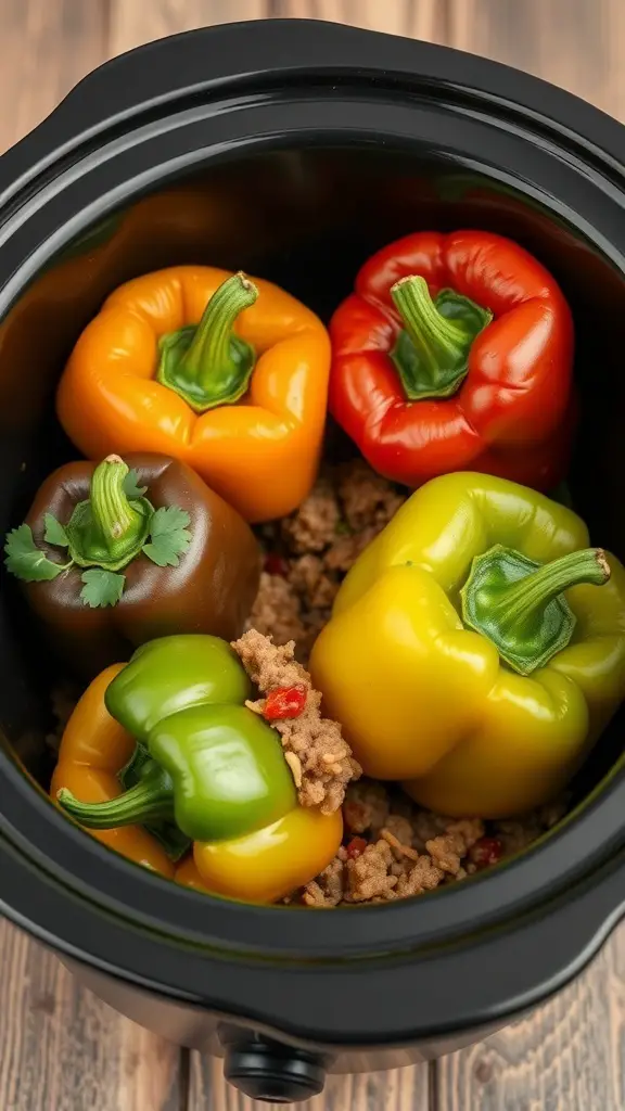 Colorful stuffed bell peppers in a mini crockpot