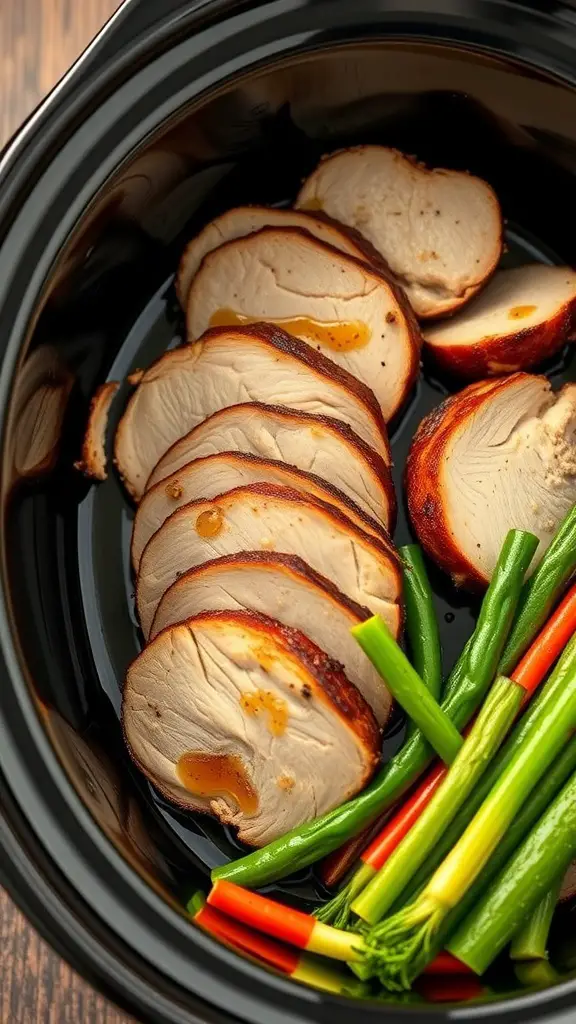 Sliced honey garlic pork tenderloin with green onions and bell peppers in a slow cooker.