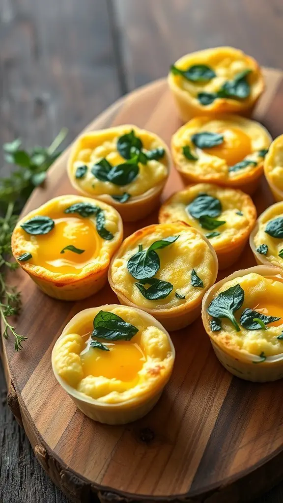 A tray of egg and spinach breakfast muffins with bright yellow yolks and green spinach.