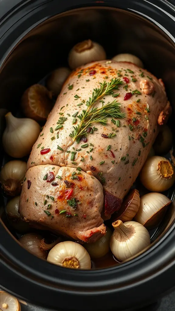 Herb-roasted pork tenderloin in a slow cooker with onions and herbs