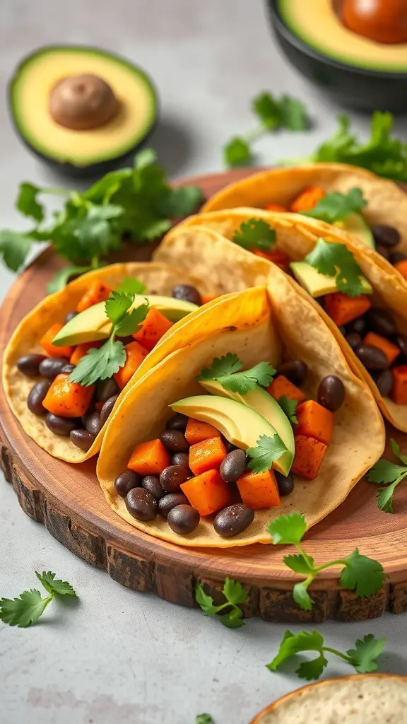 Sweet potato and black bean tacos with avocado and cilantro on a wooden plate.