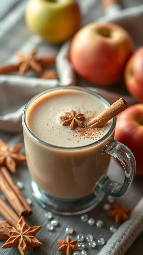 A delicious Cinnamon Apple Spice Smoothie topped with cinnamon and surrounded by fresh apples and cinnamon sticks.