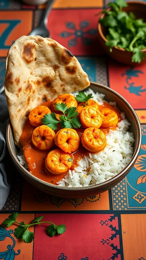 A bowl of Shrimp Tikka Masala with rice and naan on a colorful table.