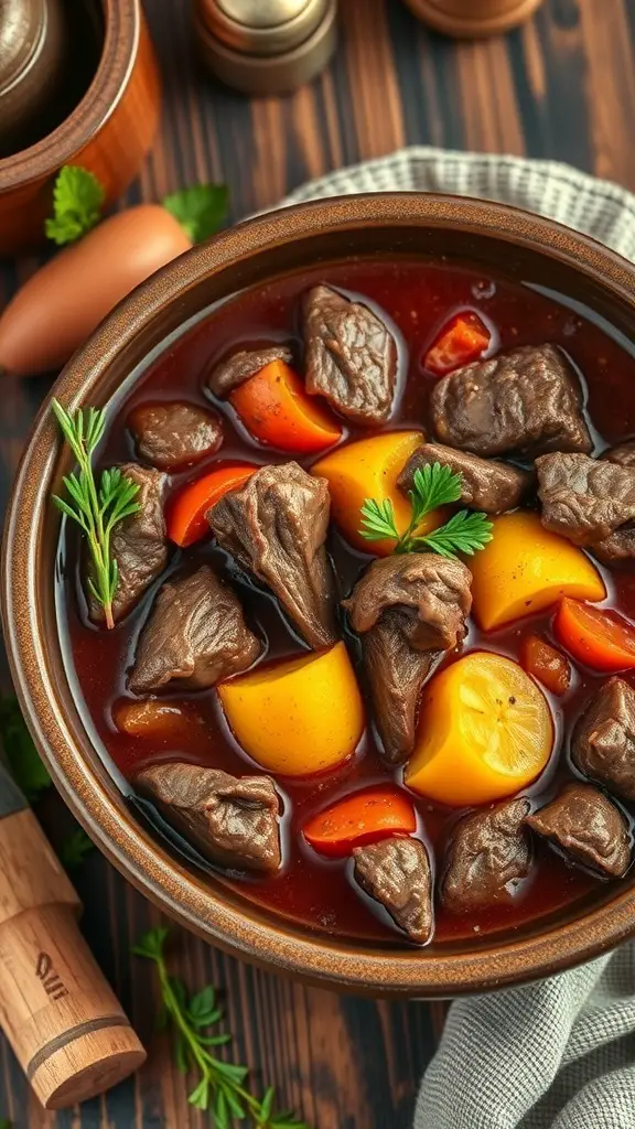 A bowl of tender beef stew with chunks of beef, carrots, and potatoes in a rich broth.